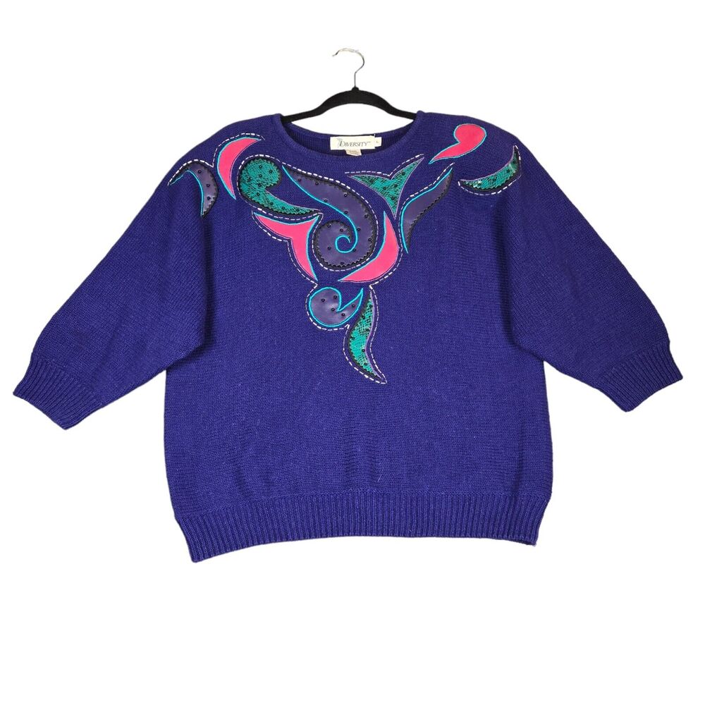 Diversity Sweater Women Large Purple Abstract Faux Leather Snakeskin Embellished